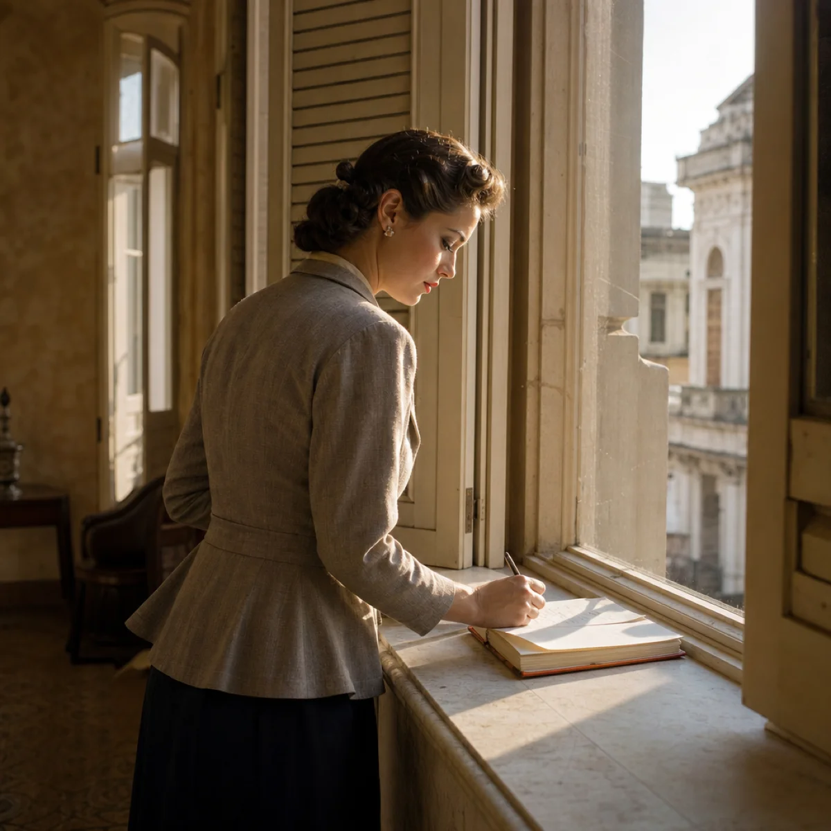 Una mujer con vestimenta de los años 50 escribe con pluma en un cuaderno apoyado en el marco de piedra de una ventana colonial, con edificios de fondo