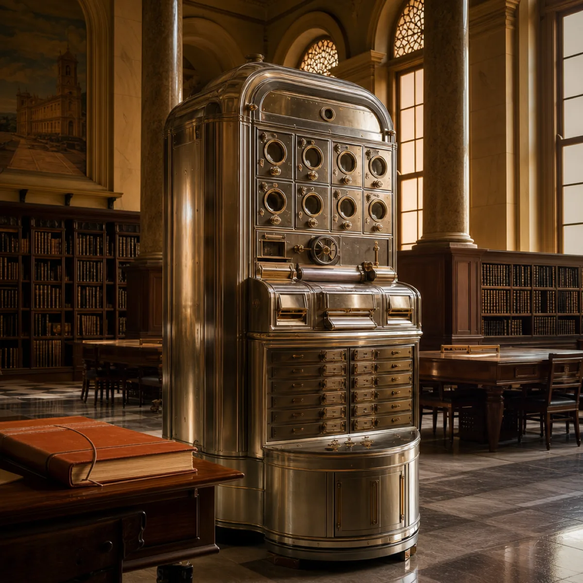 Una imponente máquina de archivo y búsqueda de bronce y cromo, con decenas de visores circulares y cajones, de pie sola en una sala de lectura colonial